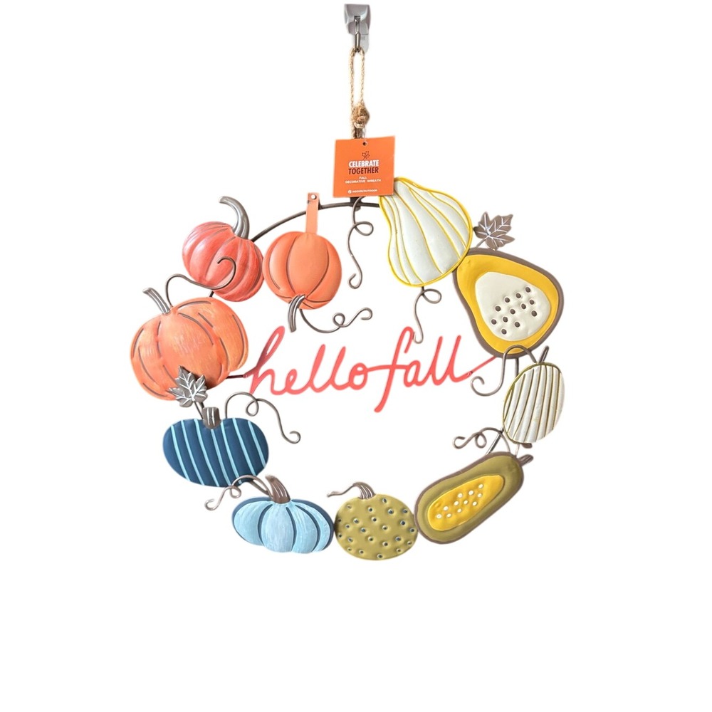 Hello Fall Door Wreath Metal Multicolor Seasonal Pumpkin & Gourd Wall GIFT NEW